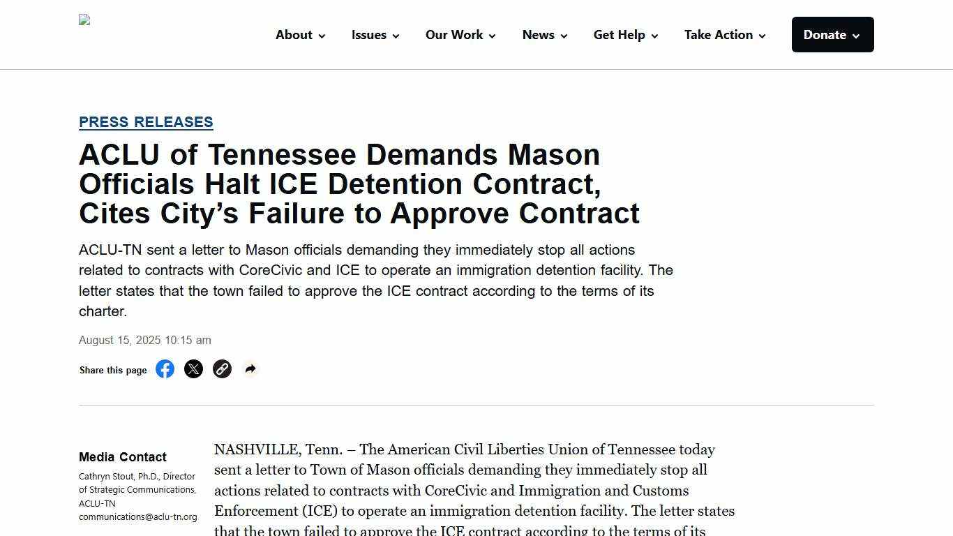 ACLU of Tennessee Demands Mason Officials Halt ICE Detention Contract, Cites City’s Failure to Approve Contract - ACLU of Tennessee